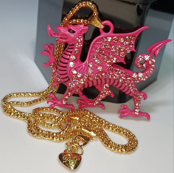 Pink Dragon Pendant BJ Necklace with Pink Rhinestone Crystals - Picture 2 of 3